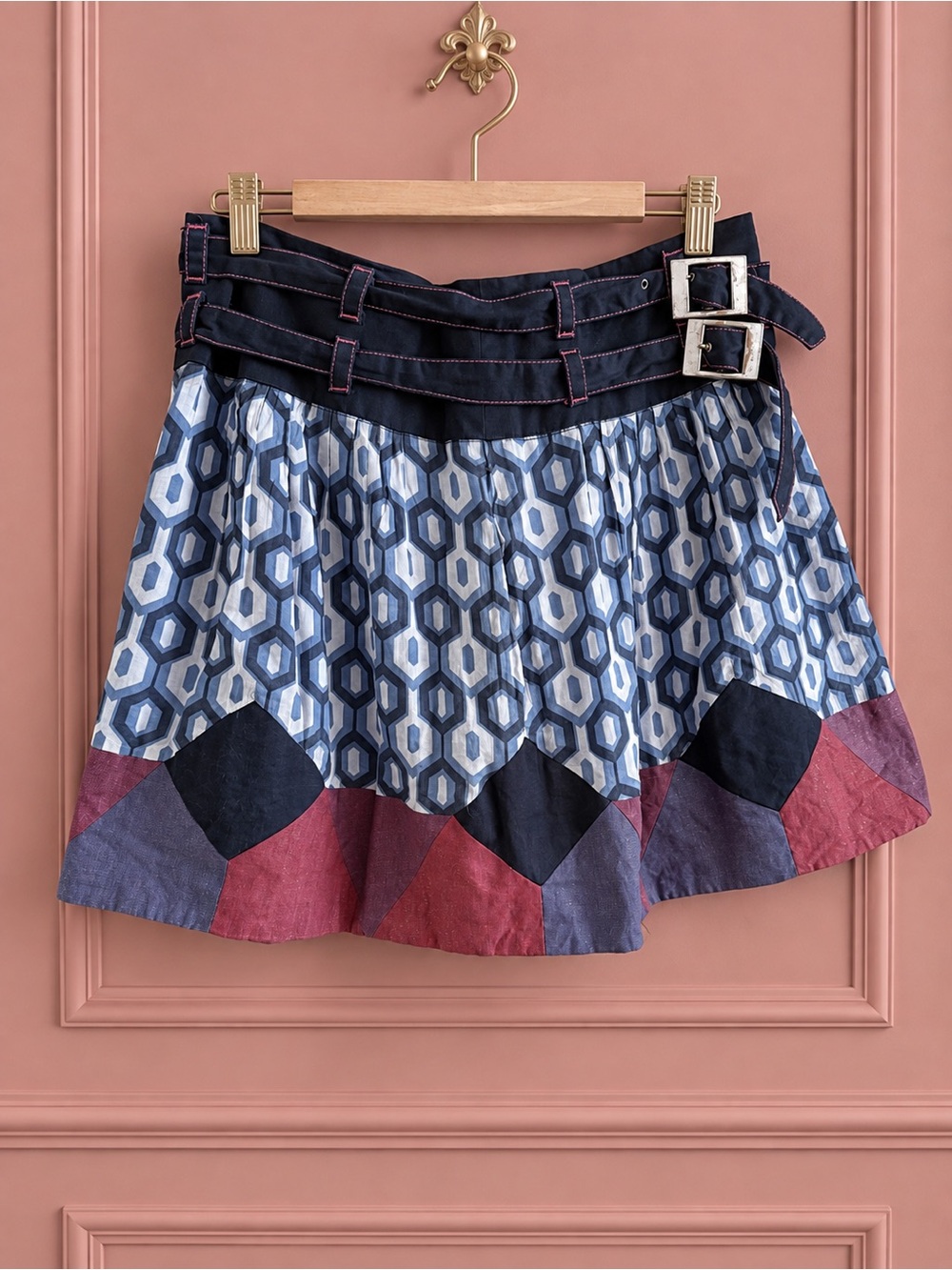 Custo Barcelona Geometric Print A-Line Low-Waisted Skirt with Buckle Waist